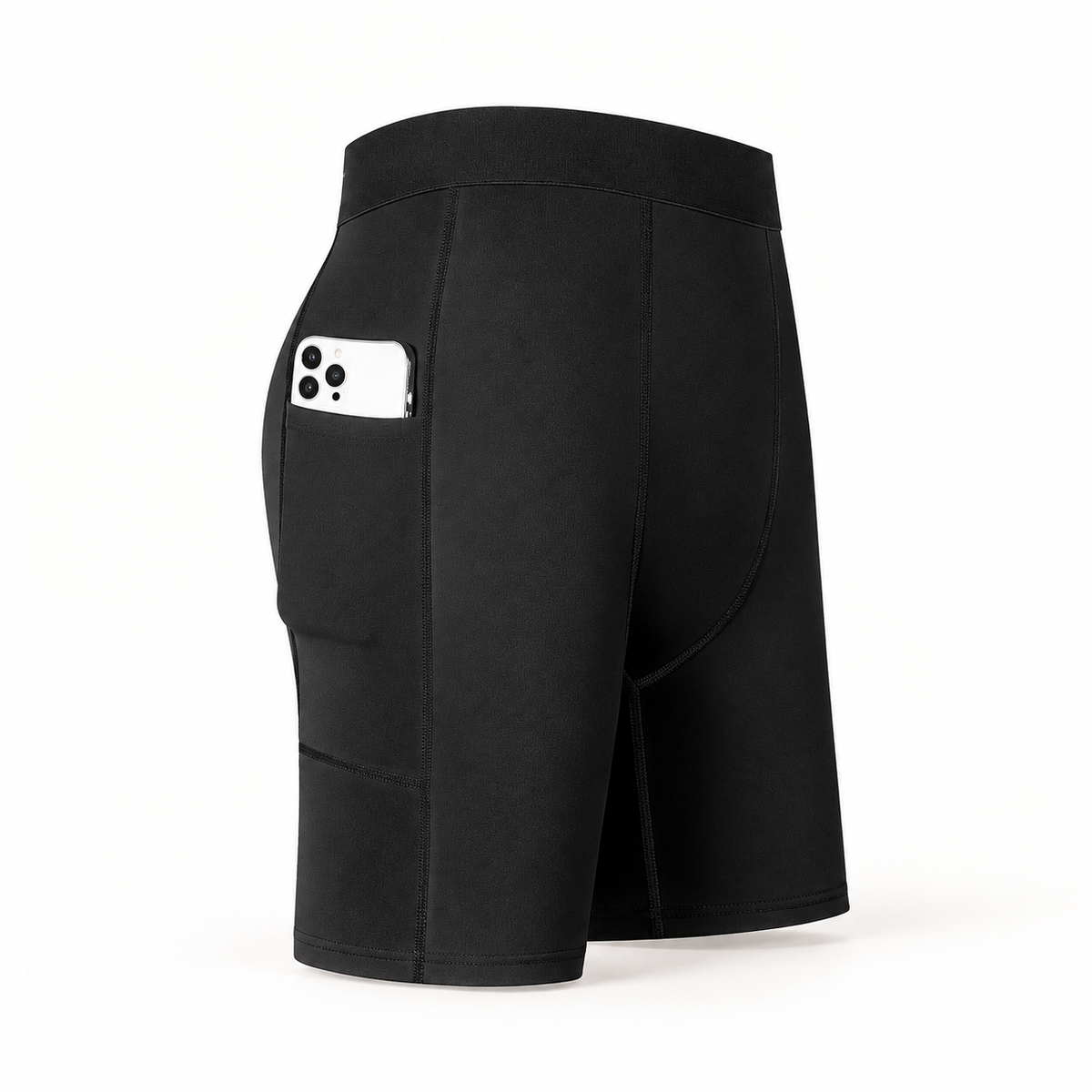 Black men’s compression shorts with plain waistband and side pocket; phone shown as a demonstration prop, not included.