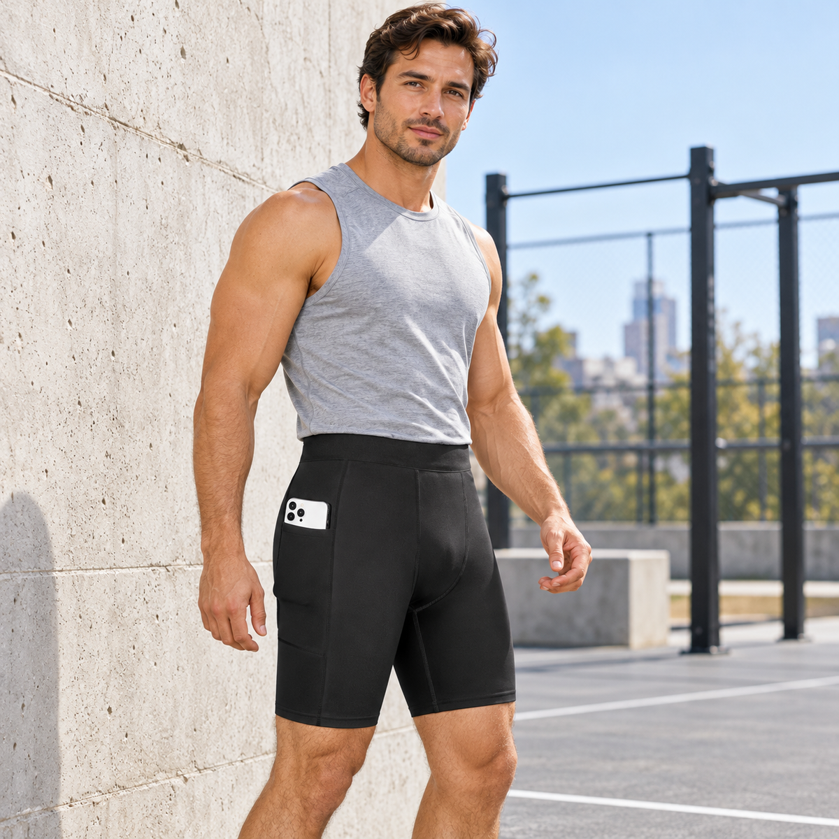 Adult male model wearing plain black pocket compression shorts at an outdoor court; phone prop is not included.