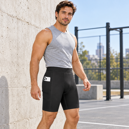 Adult male model wearing plain black pocket compression shorts at an outdoor court; phone prop is not included.
