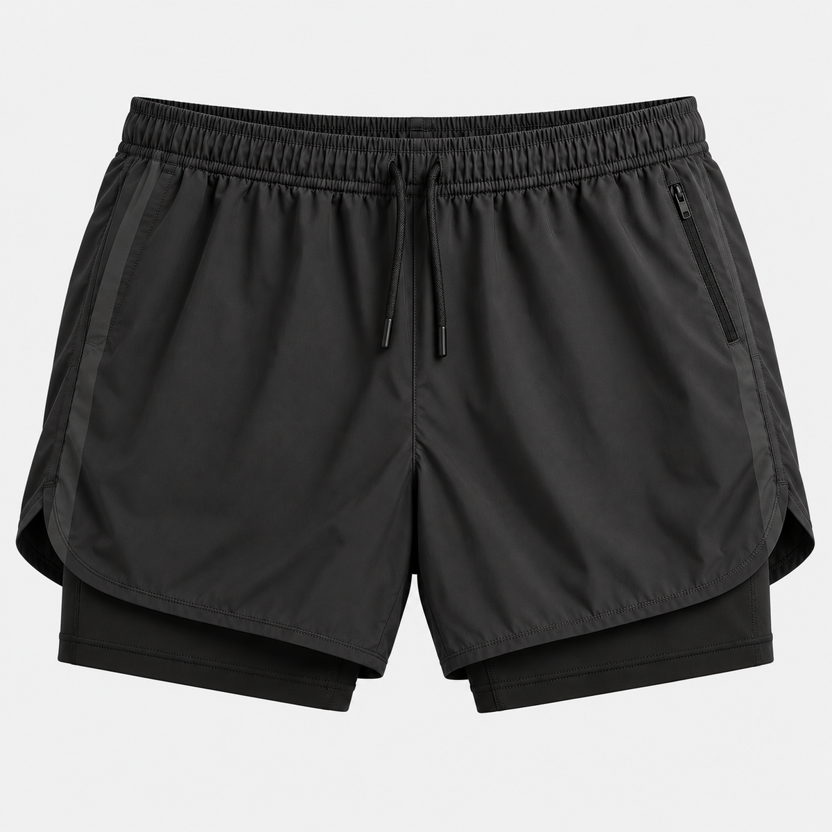Black Stripe men's 2-in-1 running shorts, front studio view with layered inner hem and drawstring waist