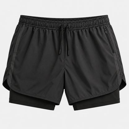 Black Stripe men's 2-in-1 running shorts, front studio view with layered inner hem and drawstring waist
