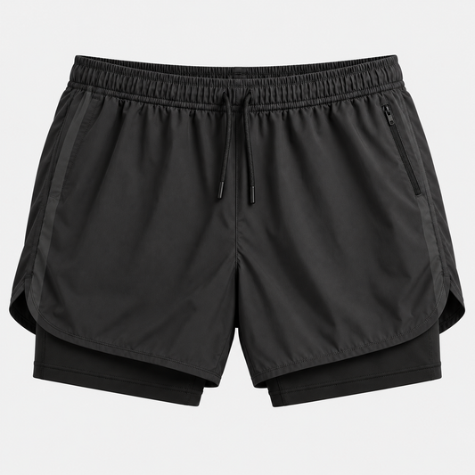 Black Stripe men's 2-in-1 running shorts, front studio view with layered inner hem and drawstring waist