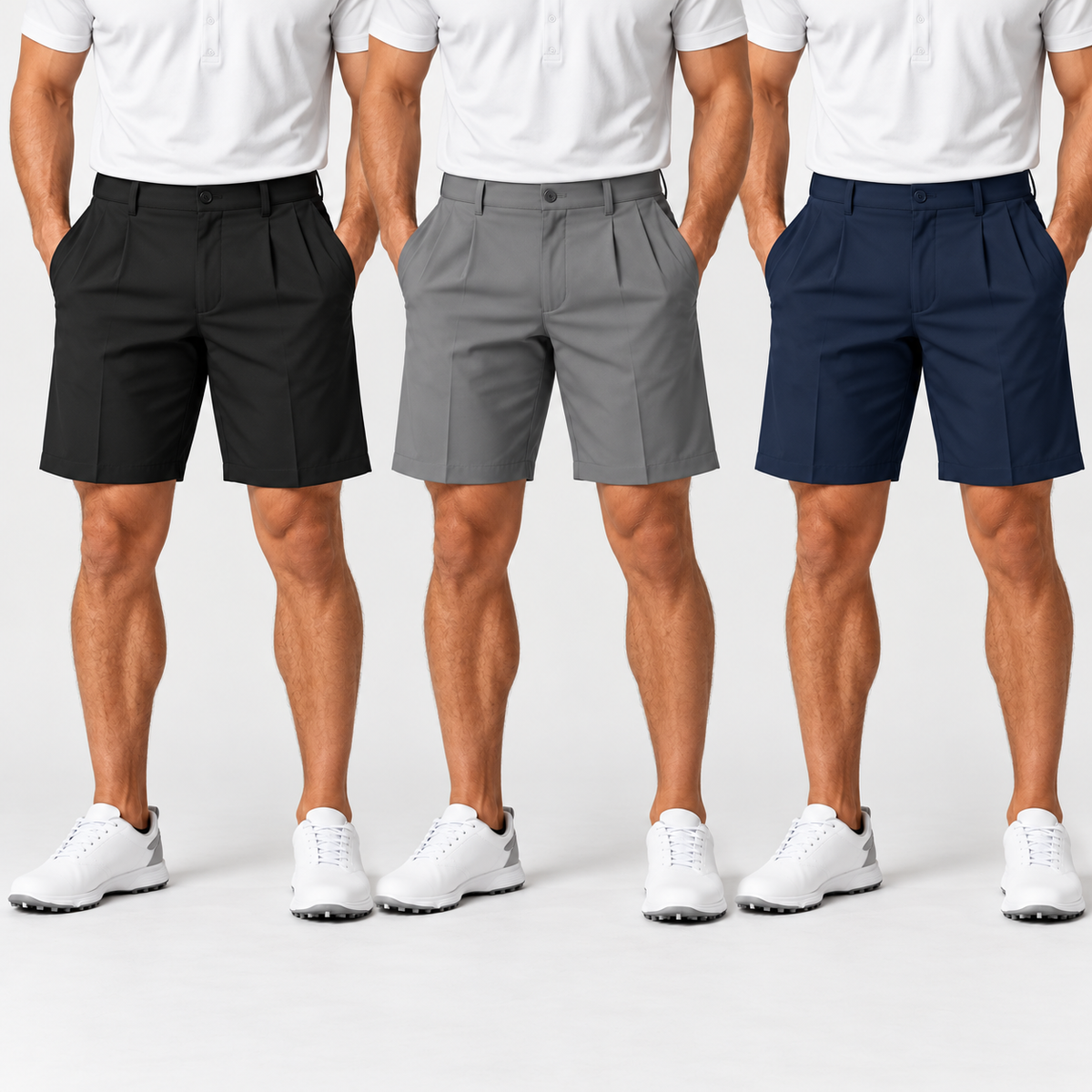 Golf shorts model comparison in black, grey and navy