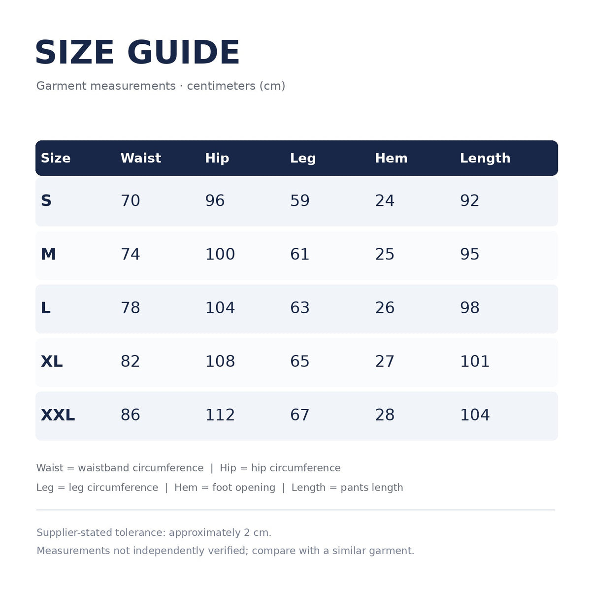 Supplier size chart
