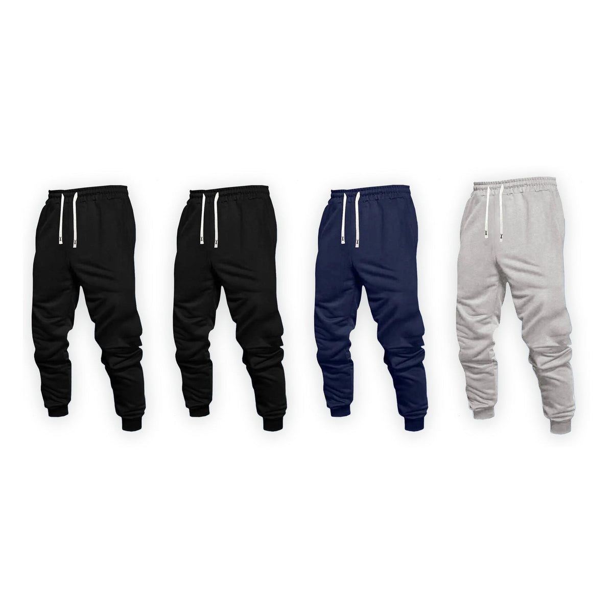 Four pairs of joggers: two black, one navy and one light grey