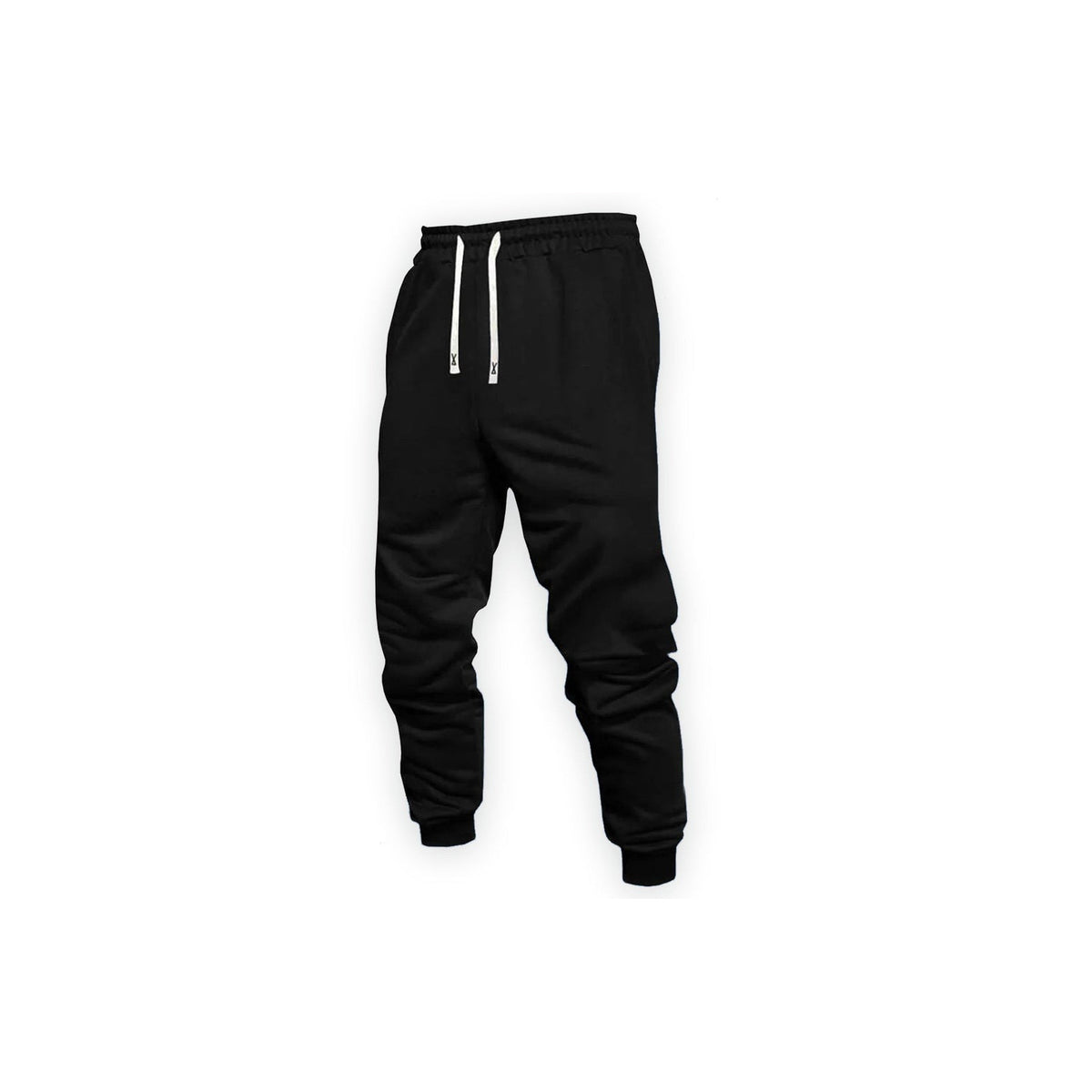 Black jogger front: elastic waistband, two long flat white drawstrings, tapered cuffs