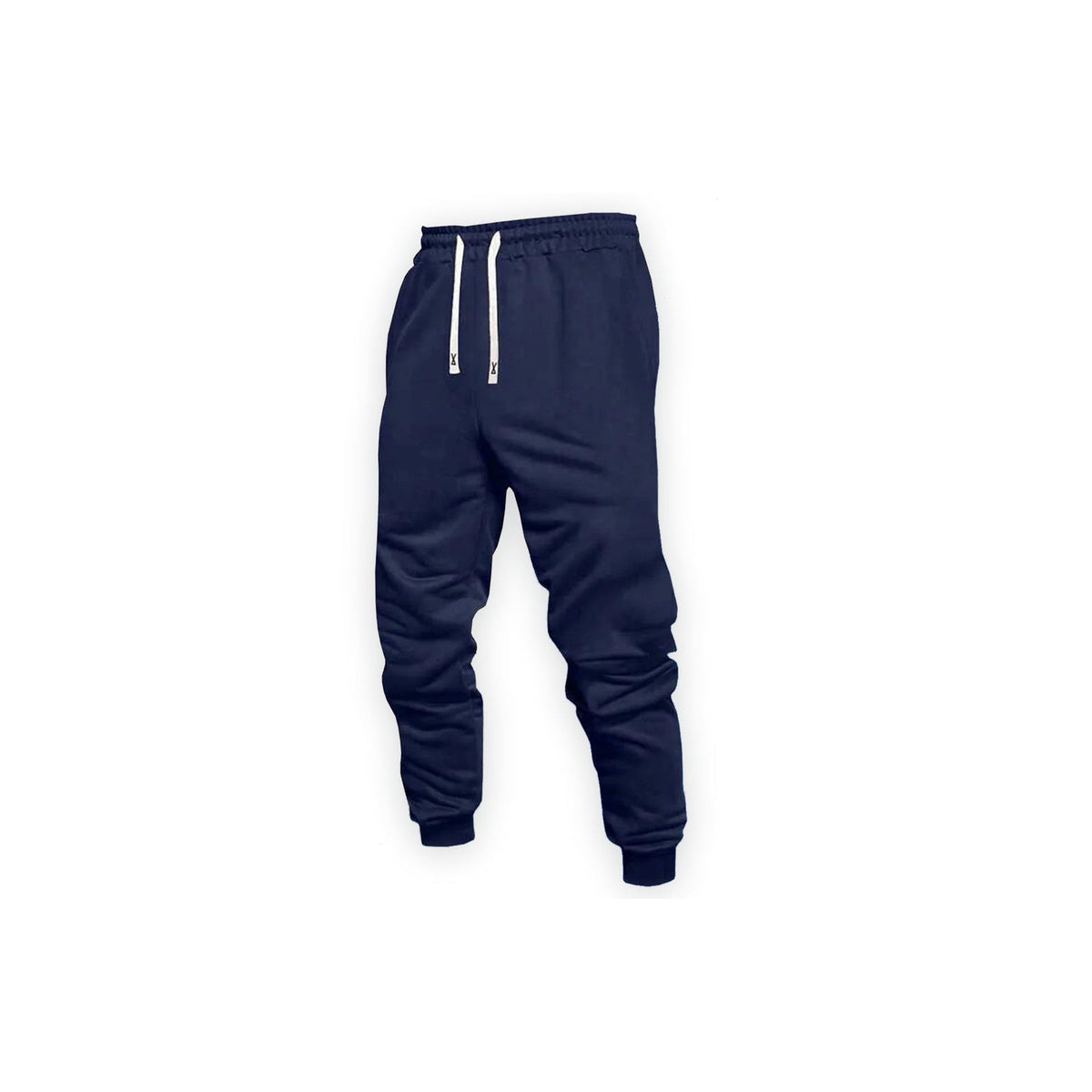 Navy blue jogger front: elastic waistband, white drawstrings and ribbed ankle cuffs