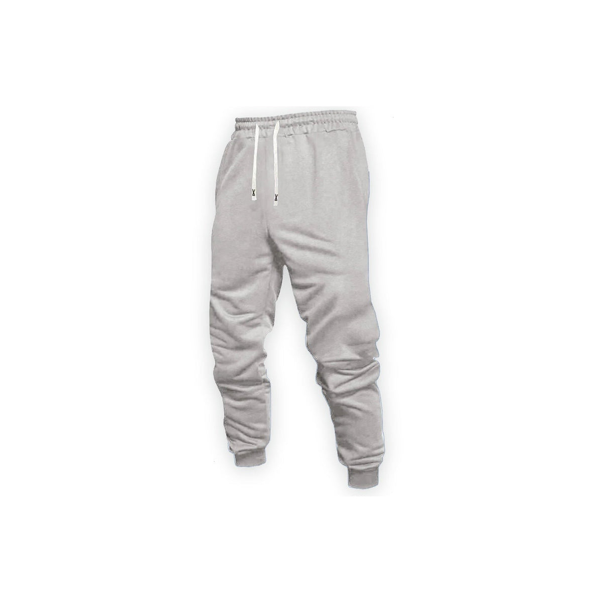 Light grey jogger front with white drawstrings and ribbed ankle cuffs