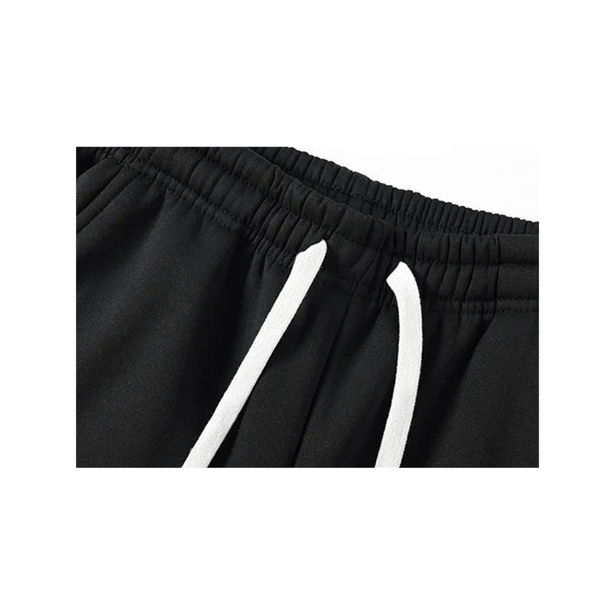 Black jogger close-up showing gathered waistband and two white drawcords