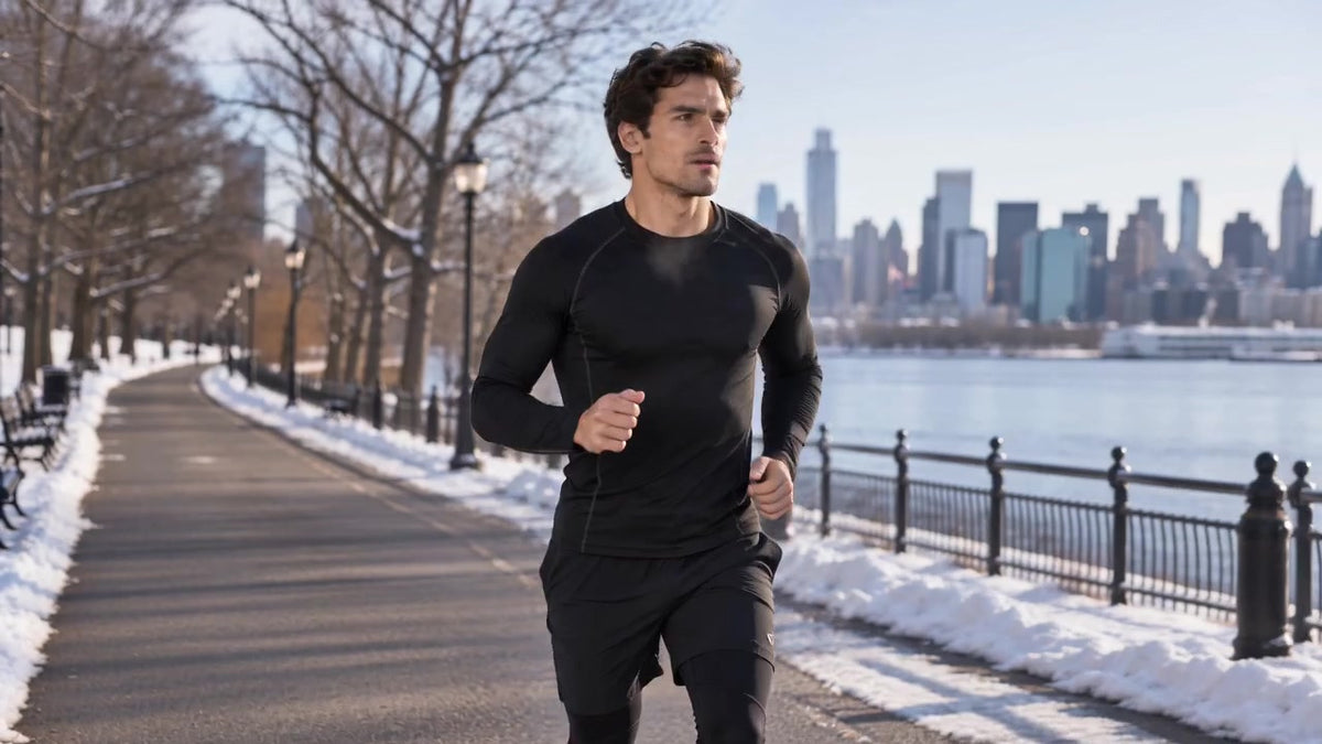 Athlete running outdoors in a fitted black long-sleeve training top.