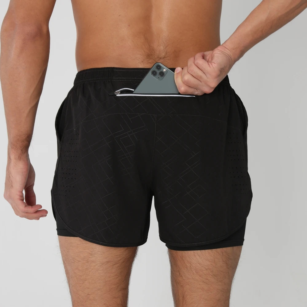 Black Stripe men's 2-in-1 running shorts